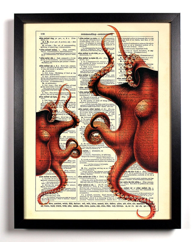 Repurposed Book Upcycled Dictionary Art Vintage Book Print Recycled Vintage Dictionary Page Octopus Tentacles Buy 2 Get 1 FREE