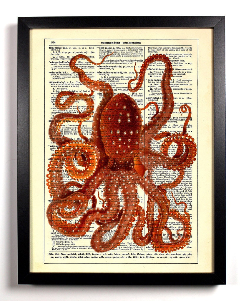 Repurposed Book Upcycled Dictionary Art Vintage Book Print Recycled Vintage Dictionary Page Big Red Cephalopod Octopus Buy 2 Get 1 FREE