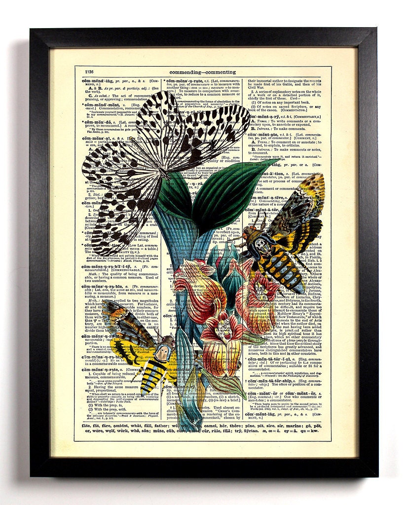 A Beautiful Habitat, Butterfly, Flowers, Antique Book Art, Upcycled Vintage Dictionary Print, 8 x 10