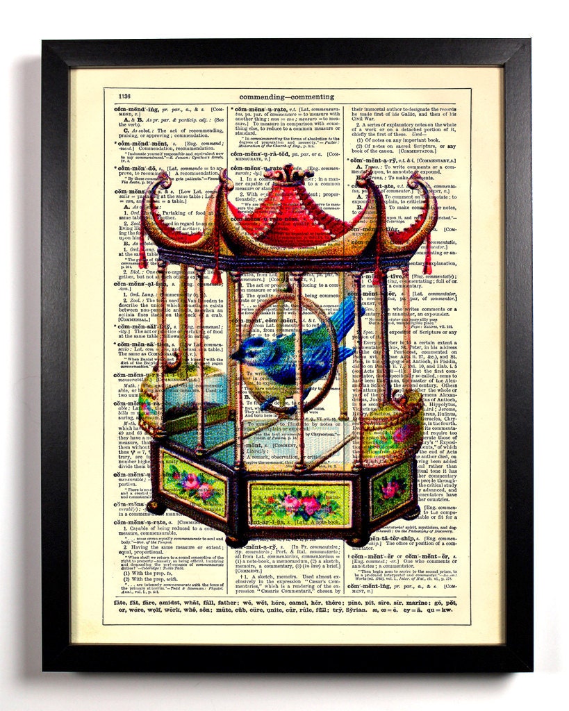 Little Bird A Swing Birdcage Repurposed Book Upcycled Dictionary Art Vintage Book Print Recycled Vintage Dictionary Page  Buy 2 Get 1 FREE