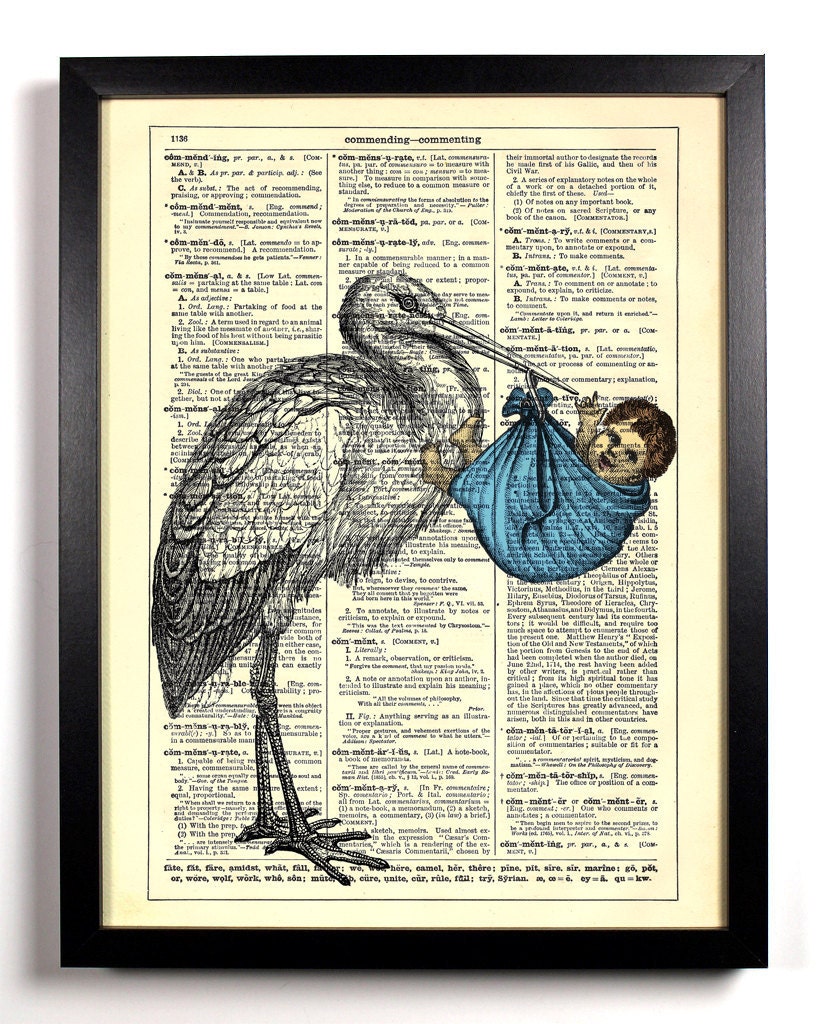 Stork With Baby Boy Repurposed Book Upcycled Dictionary Art Vintage Book Print Recycled Vintage Dictionary Page  Buy 2 Get 1 FREE