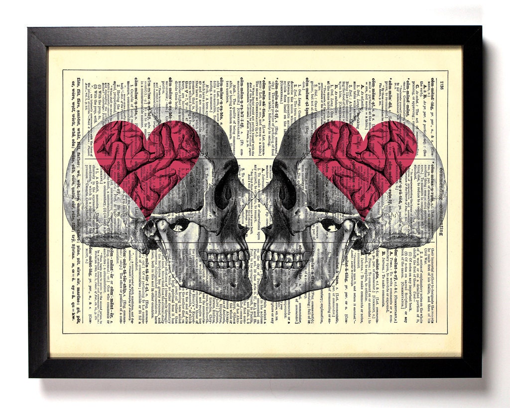 Love On The Brain Skulls Upcycled Dictionary Art Vintage Book Print Recycled Vintage Dictionary Page Buy 2 Get 1 FREE