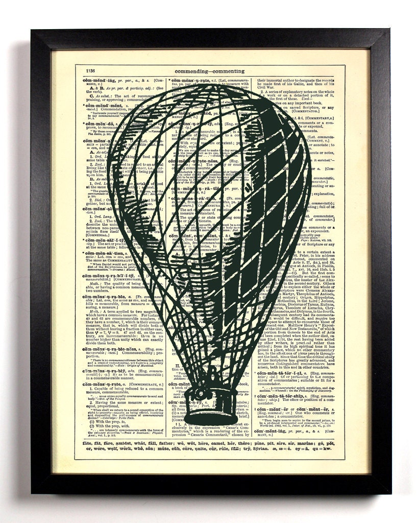Simple Hot Air Balloon  Repurposed Book Upcycled Dictionary Art Vintage Book Print Recycled Vintage Dictionary Page Buy 2 Get 1 FREE