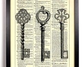 Three Skeleton Keys  Repurposed Book Upcycled Dictionary Art Vintage Book Print Recycled Vintage Dictionary Page Buy 2 Get 1 FREE