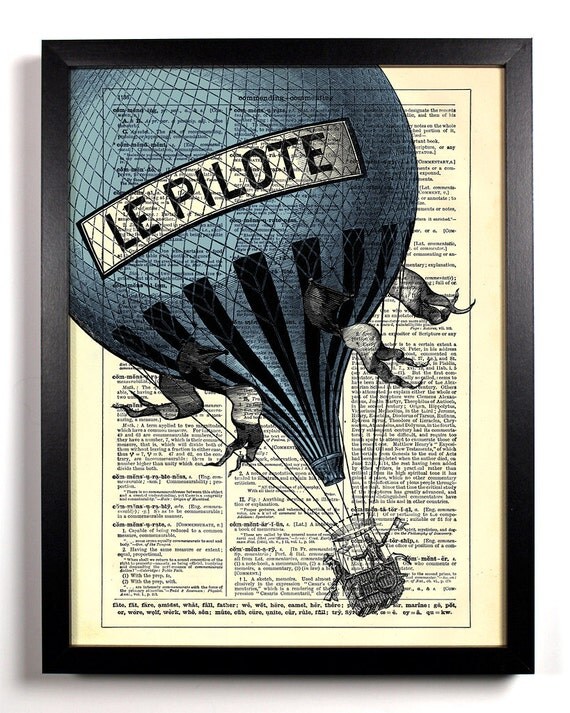 Big Blue Hot Air Balloon Repurposed Book Upcycled Dictionary Art Vintage Book Print Recycled Vintage Dictionary Page Buy 2 Get 1 FREE