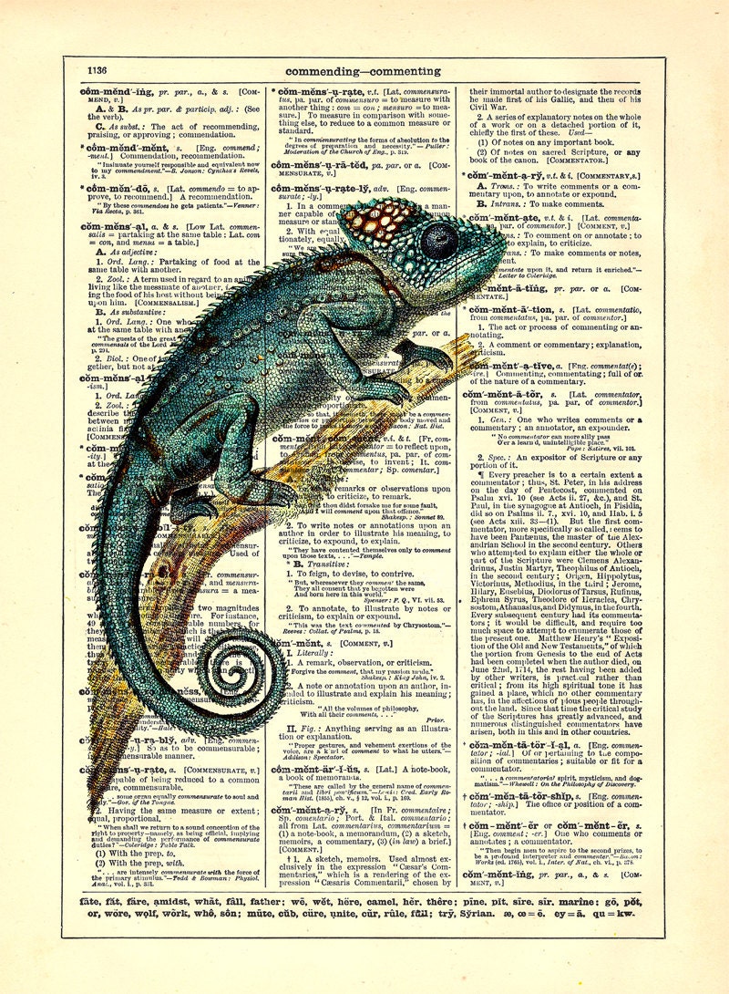 The Colorful Chameleon, Lizard, Reptile, Antique Book Print, Upcycled Vintage Dictionary Book Page, 8 x 10 Print