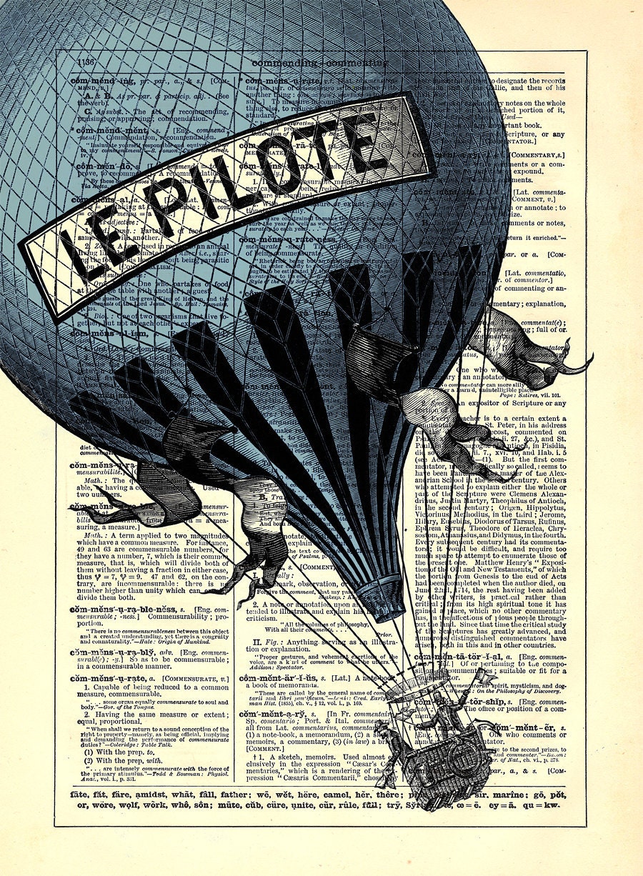 Big Blue Hot Air Balloon Repurposed Book Upcycled Dictionary Art Vintage Book Print Recycled Vintage Dictionary Page Buy 2 Get 1 FREE