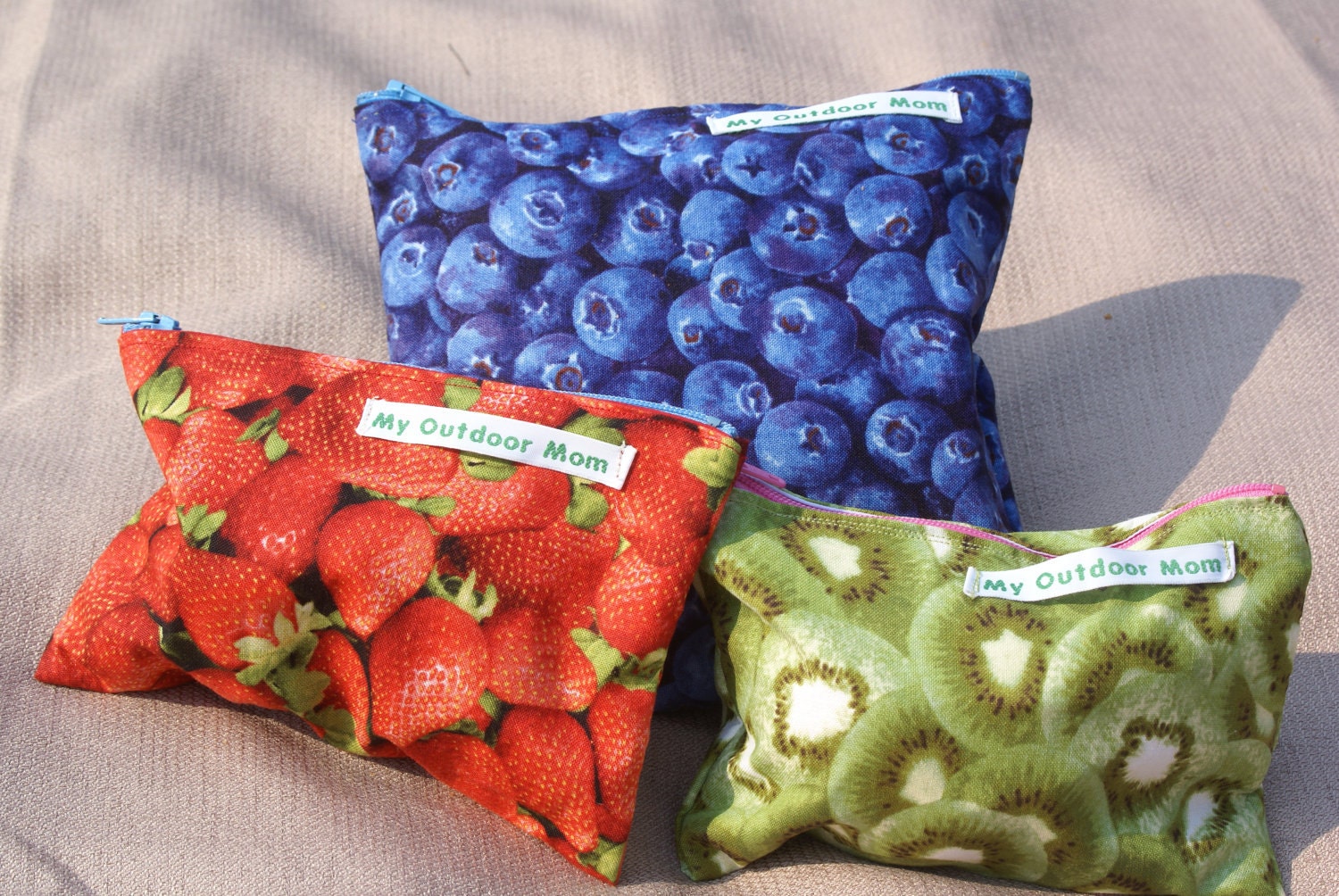 Set of 3 Zippered Reusable Bags: 1 Sandwich Bag & 2 Snack Bags - Double Lined with Nylon or PUL - Fruit, Veggie and Snack Food Fabrics