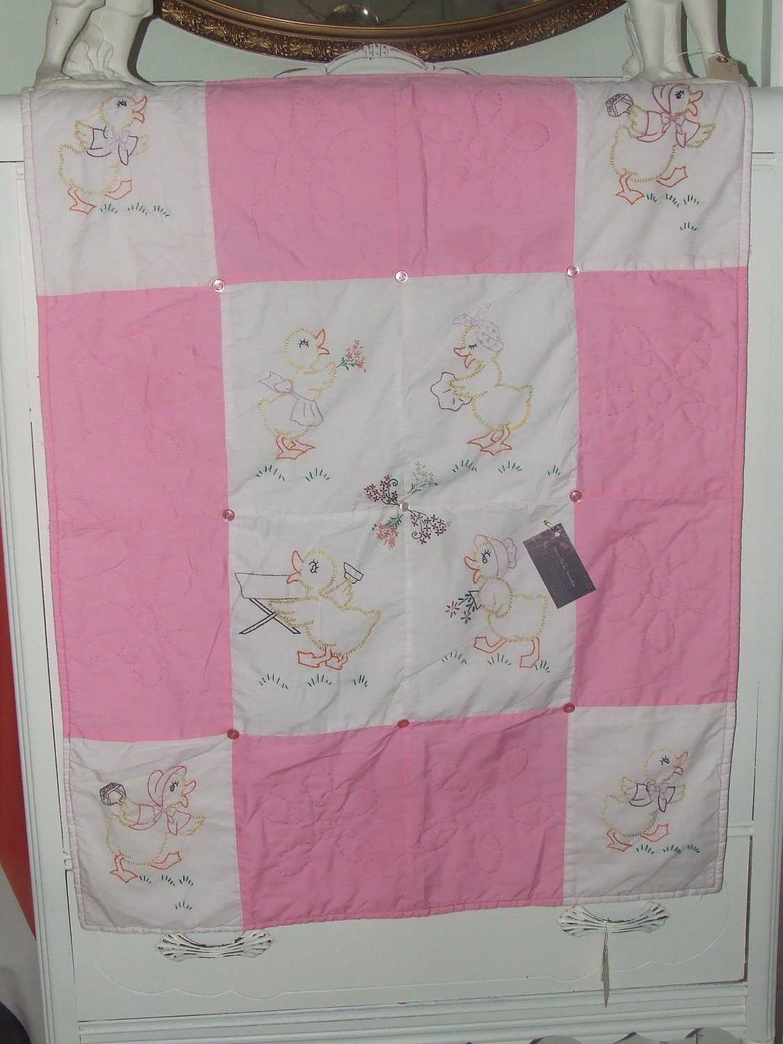 Handmade Hand Stitched Pink Baby Girl Blanket / Wall Hanging with a Duck Motif...Too Cute