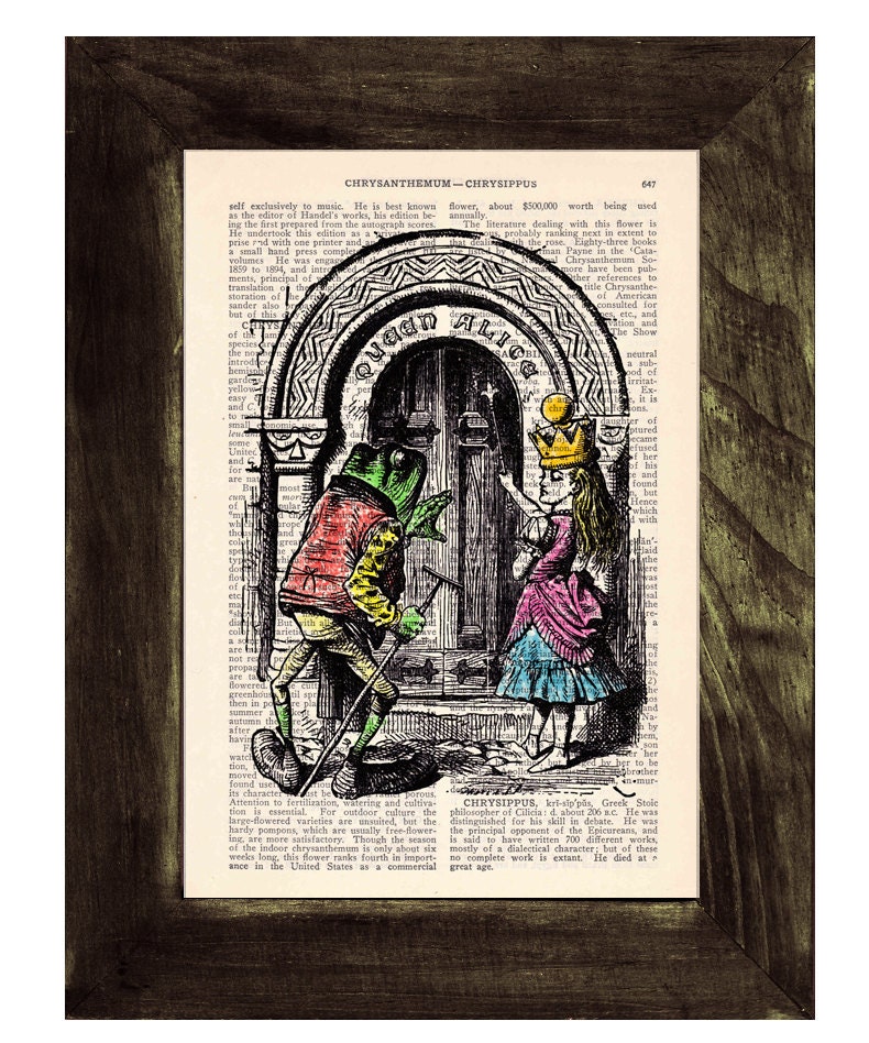 Vintage Book Print Dictionary or Encyclopedia Page Print- Alice in Wonderland Wellcome Queen Alice  Print on Vintage Dictionary Book art