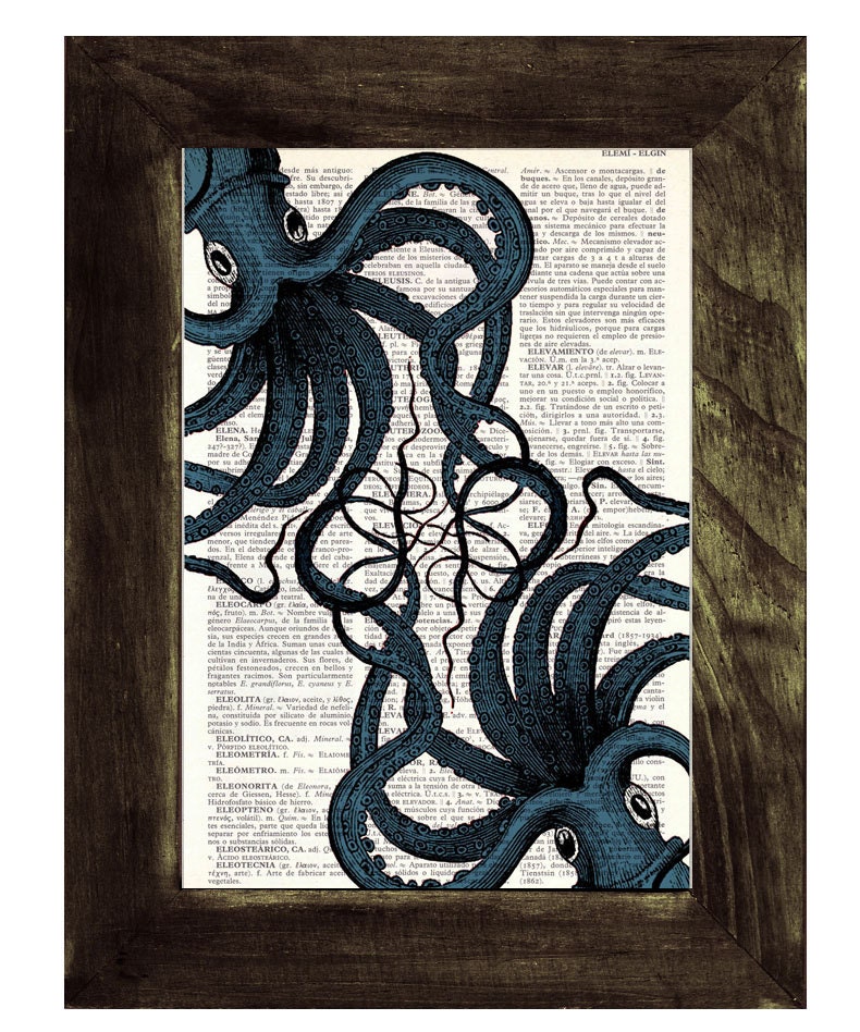 Octopus print on  Book page - Dictionary print - Octopus meeting