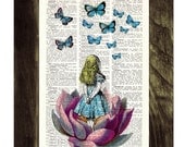 Alice in wonderland Alice in Prrintland Looking for a pink butterfly - Alice in Wonderland Collage Print on Vintage Dictionary Book art