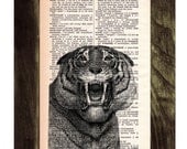 Tiger print on Dictionary Book Print - Altered art on upcycled book pages