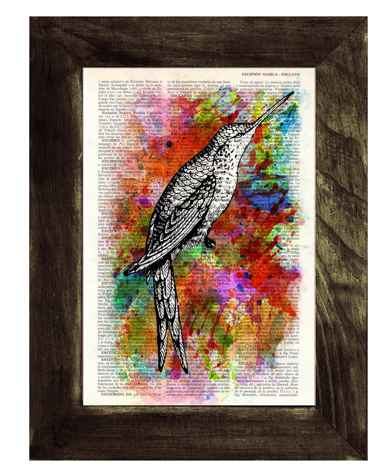 Hummingbird Collage Print on Vintage Dictionary Book altered art dictionary page illustration book print art