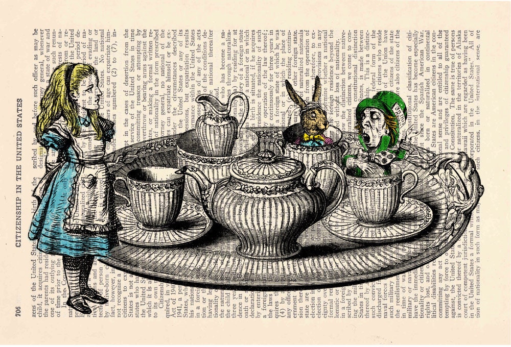 Alice in wonderland Alice in Prrintland Tea time with friends - Alice in Wonderland Collage Print on Vintage Dictionary Book art