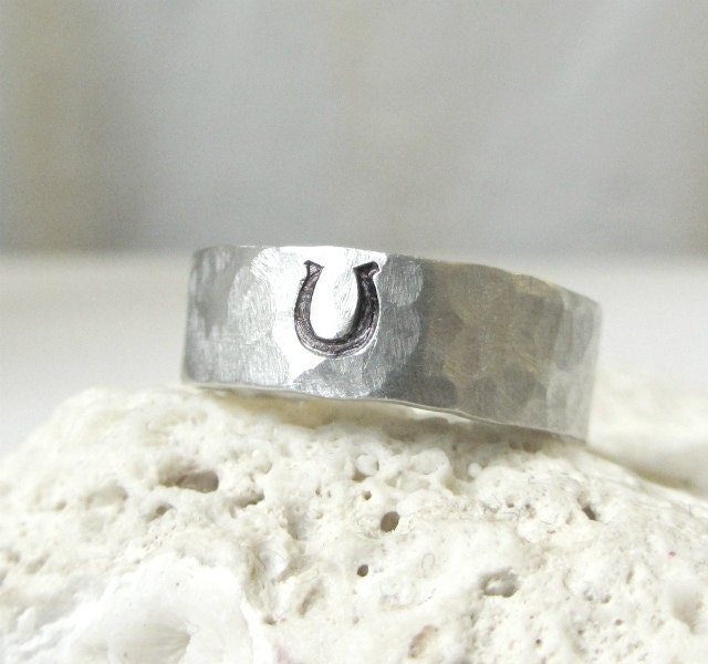 Mens Sterling Horseshoe Ring- Silver Hammered Band Ring