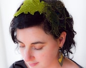 Melissa--Green leaf glittery Faux- Headband fascinator with peacock feathers