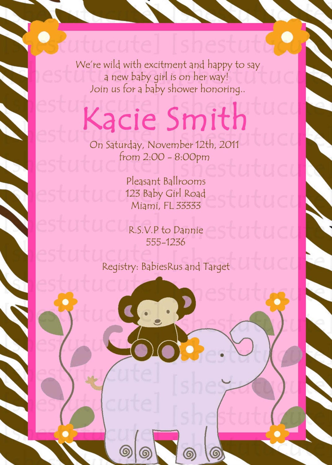 Jacana Baby Girl Safari Baby Shower Invitation or Thank You Card Digital File YOU-PRINT Il_570xn