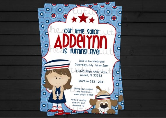 Sailor Girl Nautical Birthday Invitations Digital File YOU-PRINT Il_570xn
