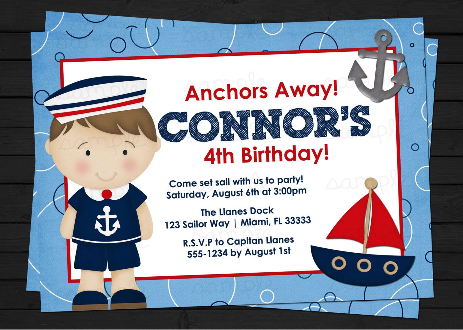 Sailor Boy Nautical Anchors Away Birthday Invitations Digital File YOU-PRINT Il_570xn