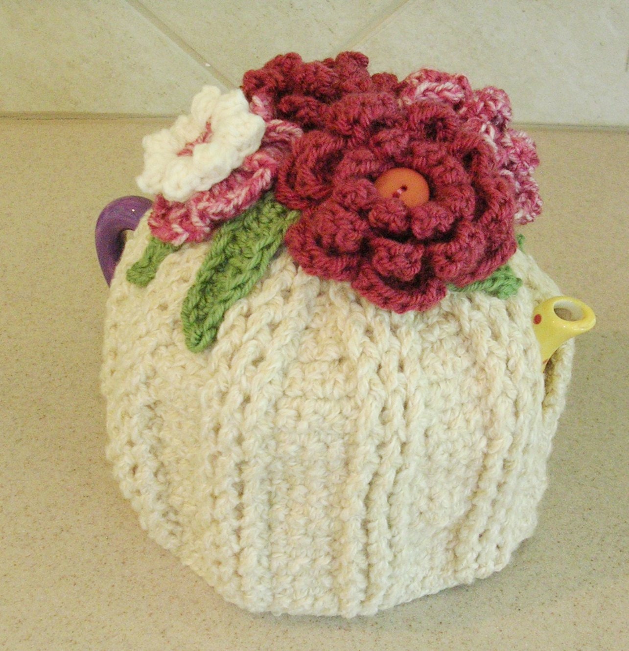 Crochet Teapot Cozy -  Tea Pot Cozy with Crocheted Flowers