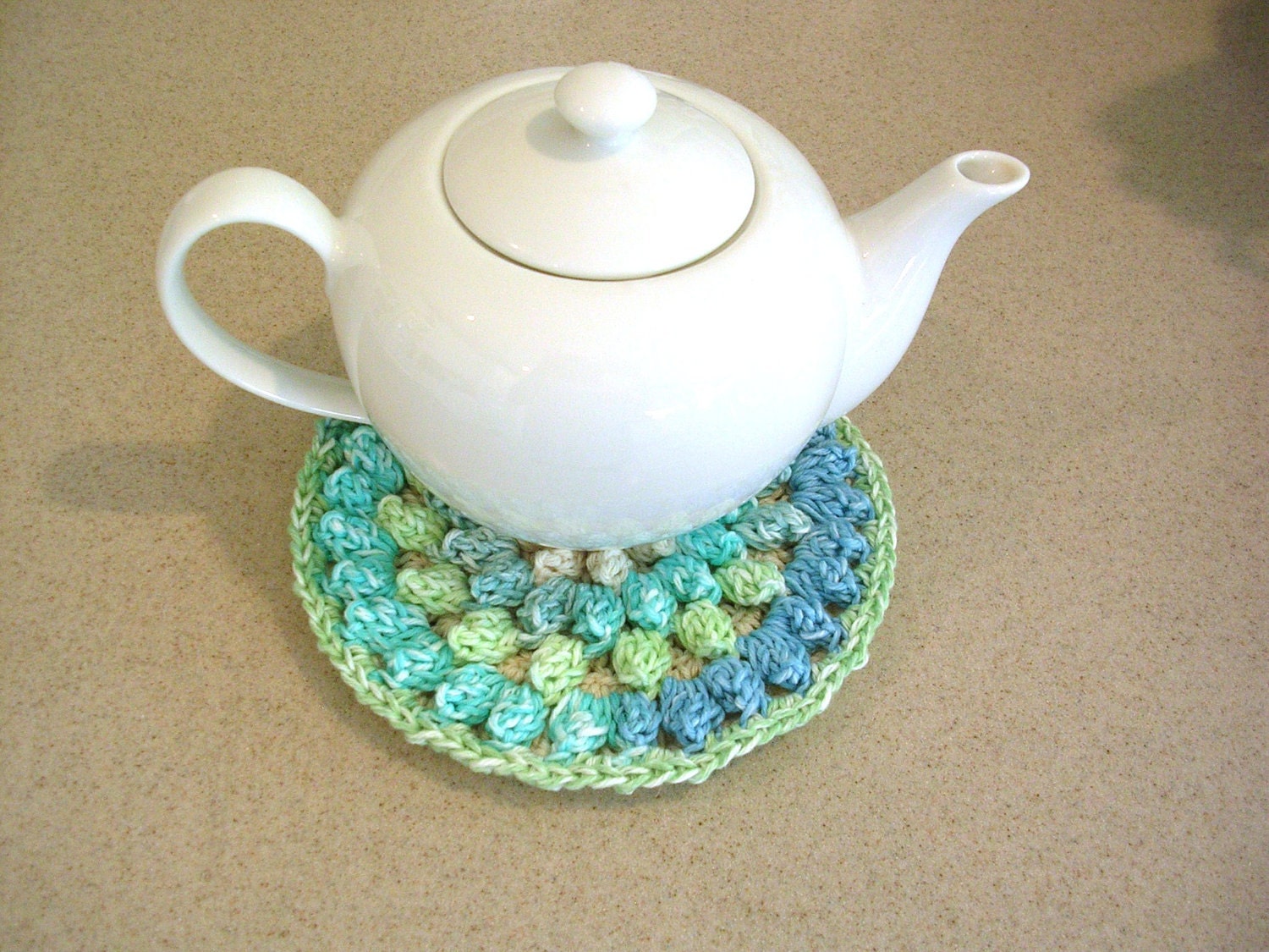 Crochet Cotton Pot Holder - Hot Pad - Trivet in Blue Green