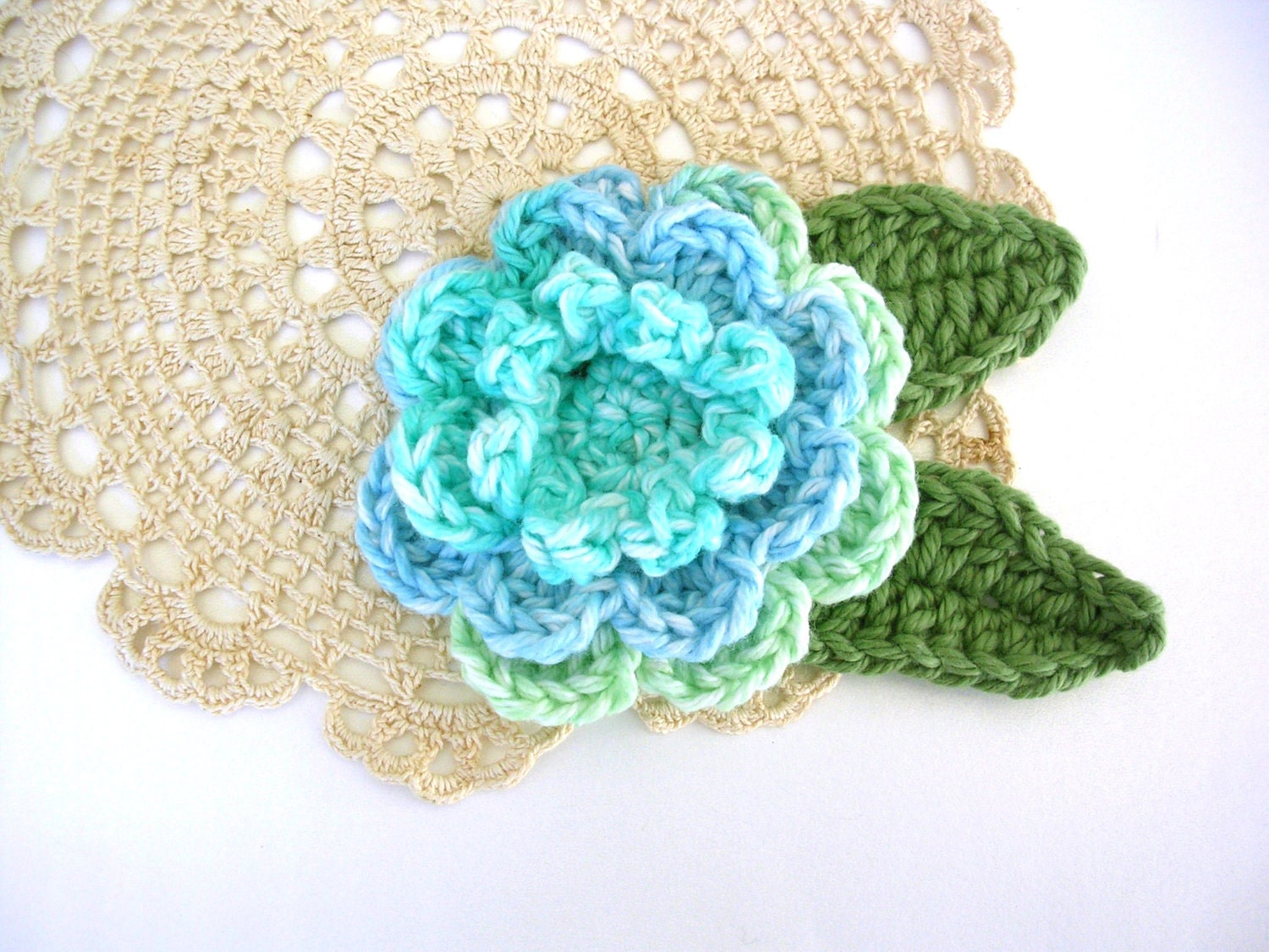 Crochet Peony Flower Applique Three Layer Flower Embellishment in Blue Green