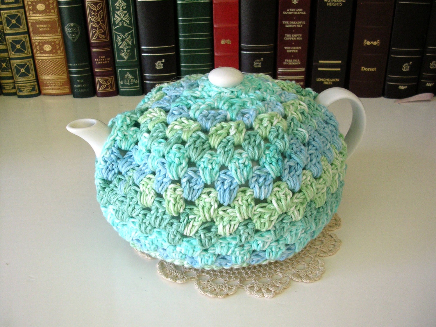 Crochet Teapot Cozy in Blue Green Cotton
