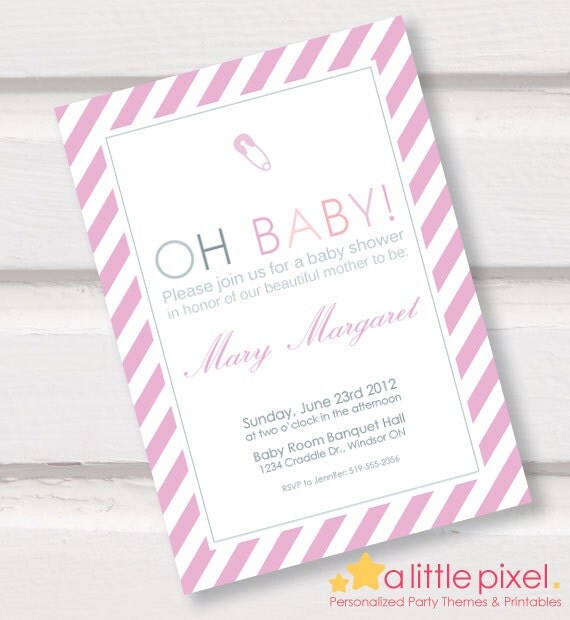 Pink, Blue, Green or Yellow Baby Shower Stripes Invitation - Personalized Printable Il_570xn