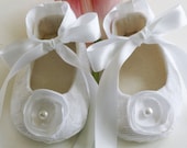 14 colors avail. Baby Girl Shoes - Couture Ballet Slipper, White Lace & Cloth Flower - Christening, Flower Girl - Baby Souls