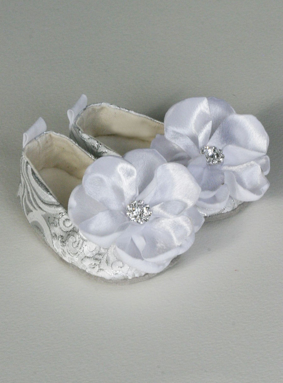Baby Ballet Slippers - Silver, White Metallic Brocade, Magnolia Flower - Sizes 1-5 & Toddler Shoe Sizes too - Baby Souls  Baby Shoes