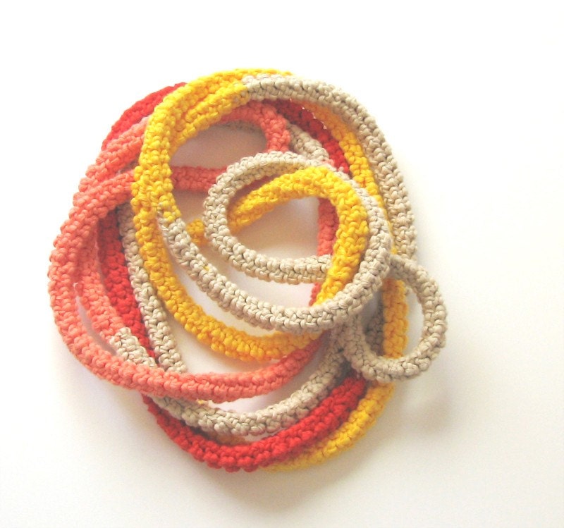 Peach skinny scarf - Crochet jewelry - extra long necklace - bright sun colors - Natural, red, yellow and salmon pink - mother day gift