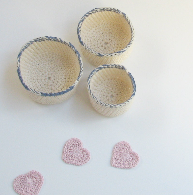 Cream white bowl - cotton and wool  - Creamy white with blue accent - nesting bowls romantic cottage wedding bridal