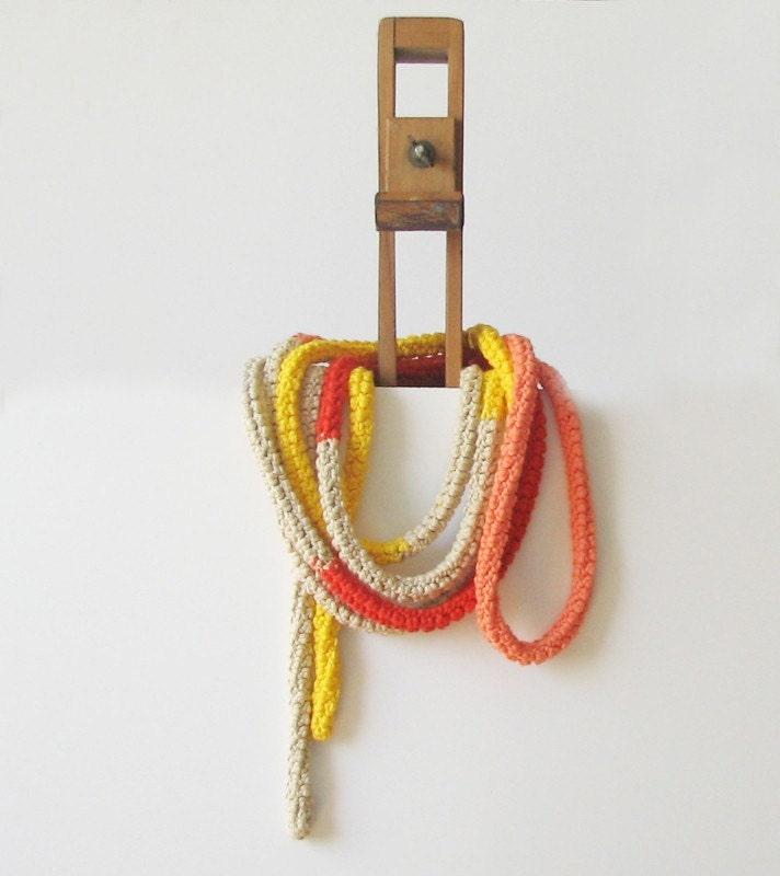 Peach skinny scarf - Crochet jewelry - extra long necklace - bright sun colors - Natural, red, yellow and salmon pink - mother day gift