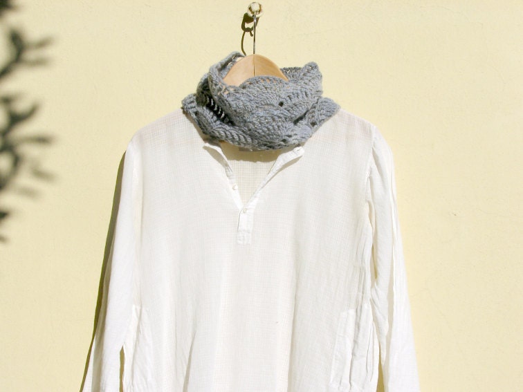 Spring lace scarf - Dusty blue- Crochet Neck warmer - Luxury wool - heather light blue - mother day gift