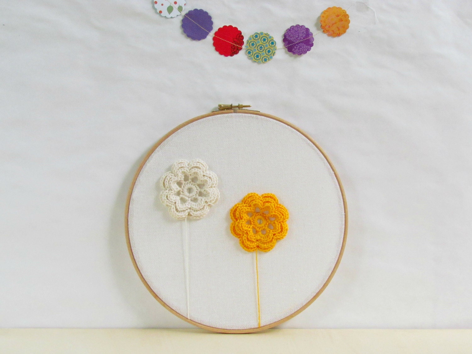 wooden hoop decor for spring - Crochet flowers  / home decor / cream and yellow