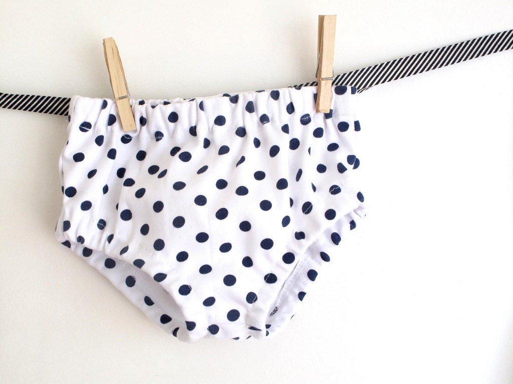 Polka dots blue and white baby diaper cover, unisex bloomer, soft and fresh knit fabric. Sizes 6, 12, 18, 24, 30 months.