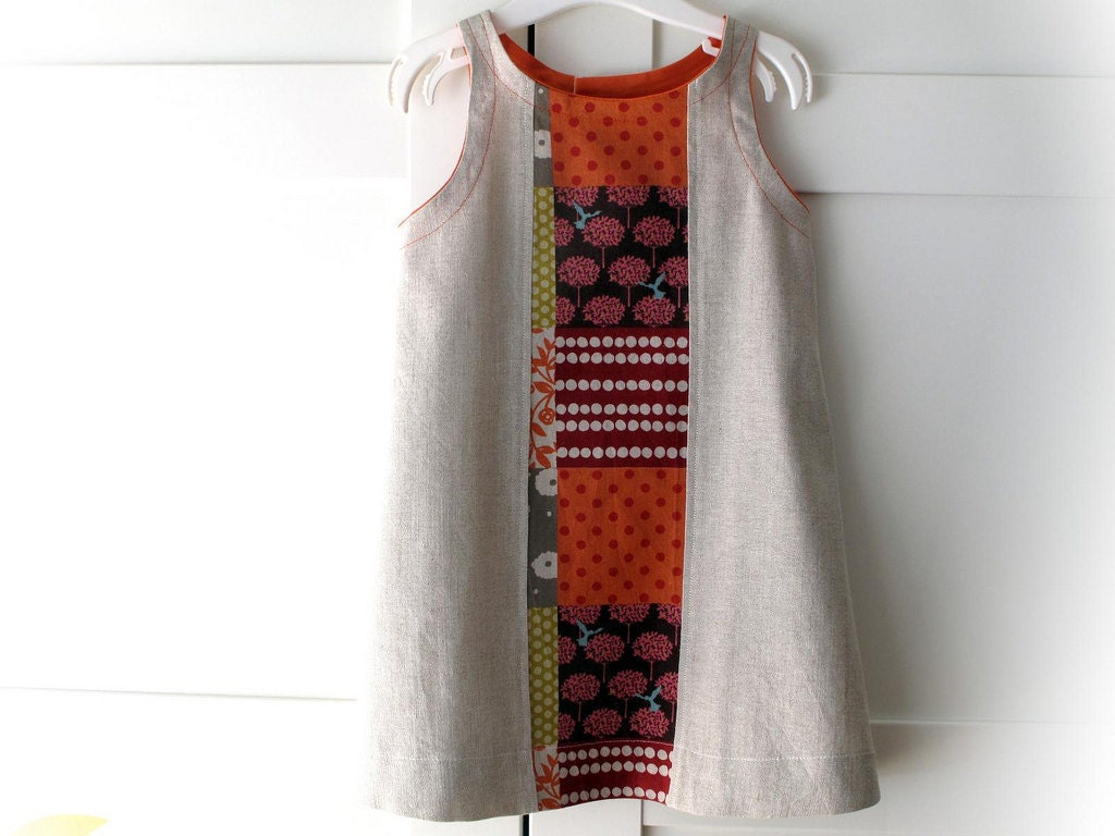 Girl linen dress, easy wear. Italian linen and Echino fabric, blend cotton and linen. Size 4 years, ready to ship.