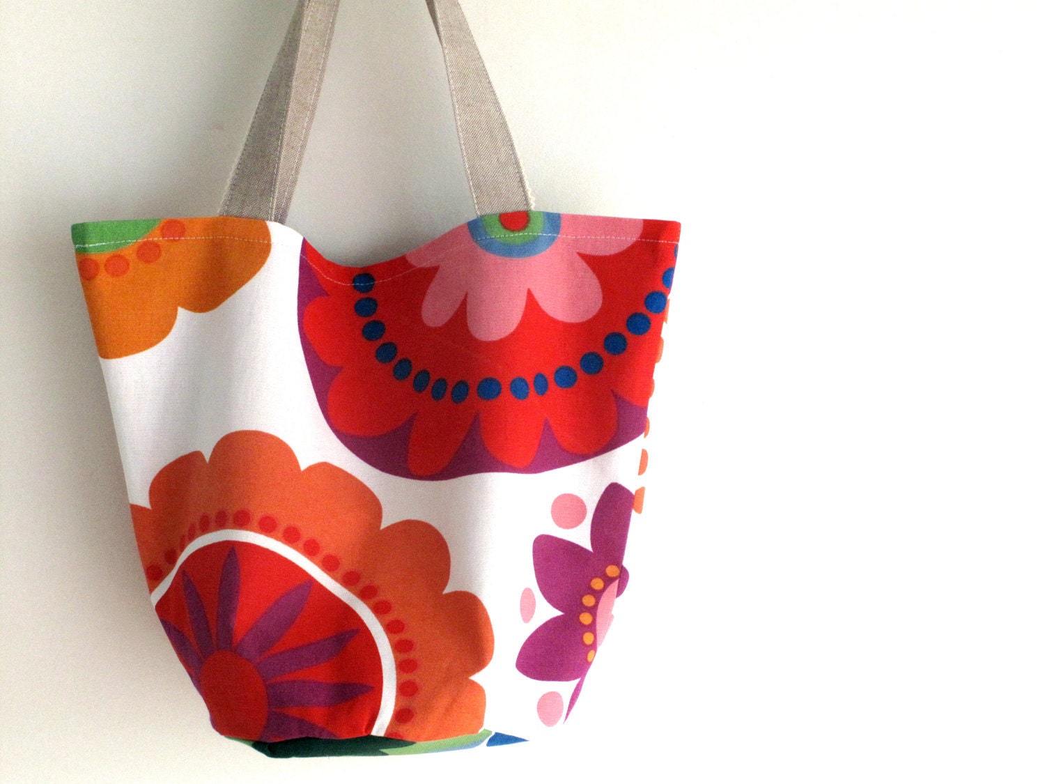 Canvas tote, medium size bucket style bag, shoulder bag. Colorful print handbag. Summer tropical punch. Ready to ship.