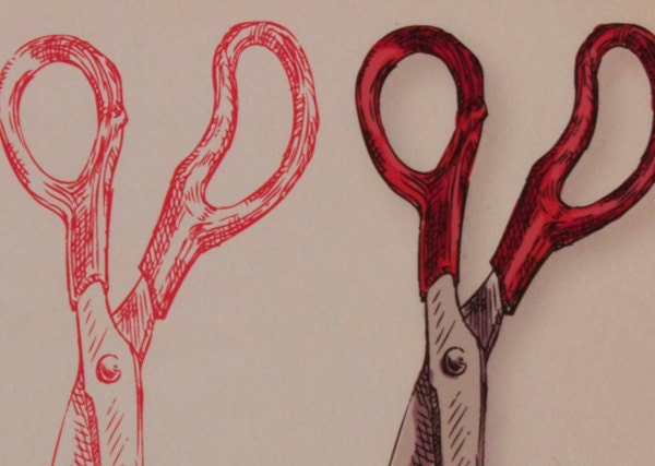 Scissors, typography, vintage, red 10" x 8" Giclee Print from Original Illustration