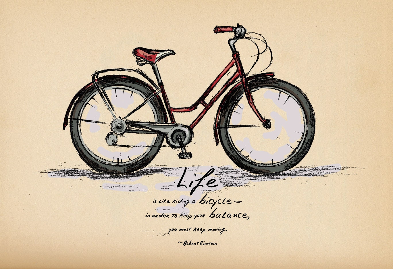 Bike, bicycle, red, vintage, typography. Life, Bicycle, Balance: 19" x 13" Giclee Print from Original Illustration