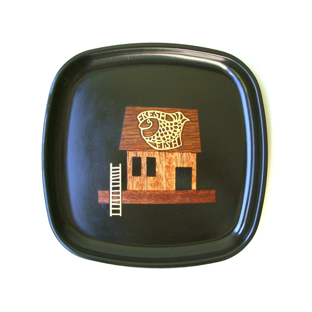 Mod Retro Black Fish House Plate Inlaid Brass Wood Couroc 60's