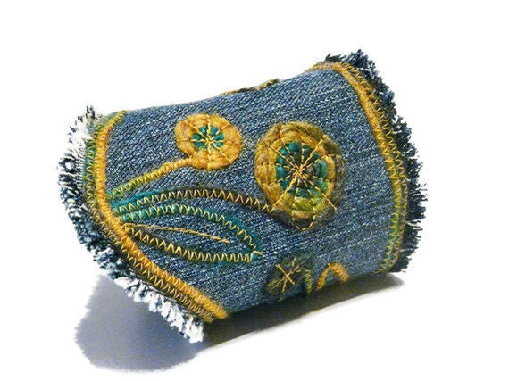 Bohemian Fiber bracelet Jeans cuff Turquoise Mustard Blue hippie denim bracelet