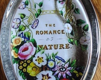 Oval Glass Paperweight The ROMANCE of NATURE Antique Title Page Art