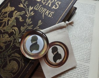 Round Glass PAPERWEIGHT Antique MAN'S SILHOUETTE in Beautiful Gold Frame...Comes with a Matching Presentation Gift Bag