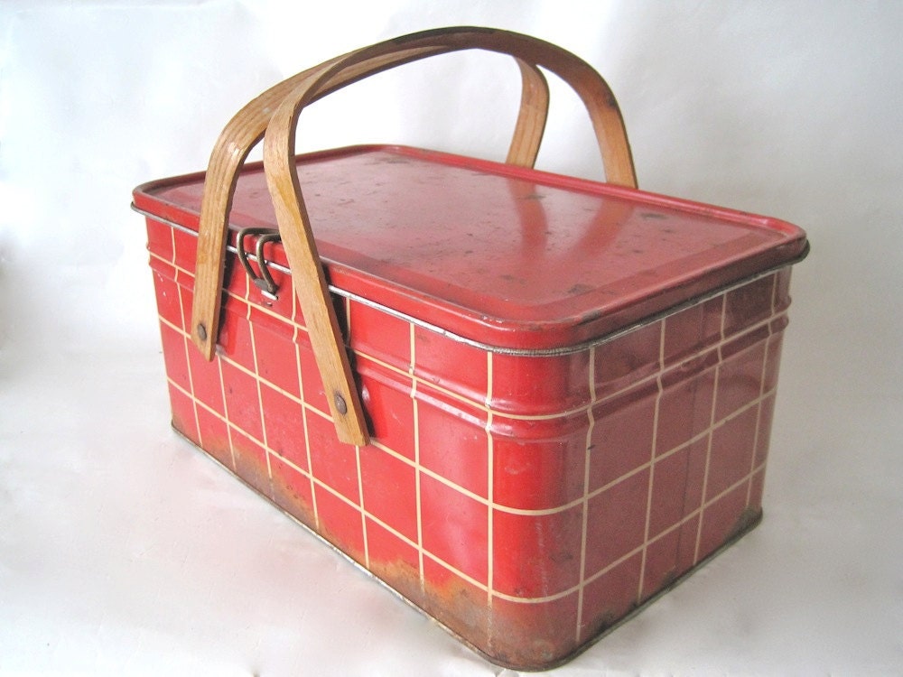 Vintage Red Plaid Tin Picnic Basket by SugarLMtnAntqs on Etsy