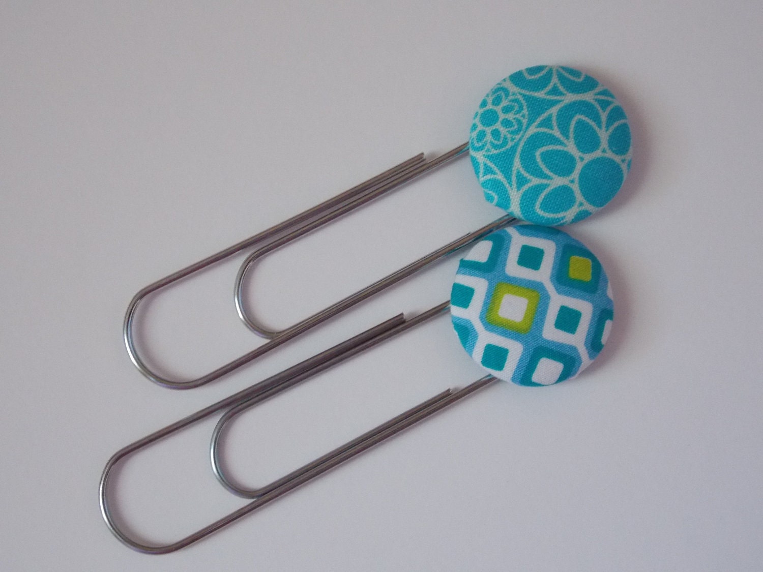 Bookmarks large paperclips fabric covered buttons blue set of 2