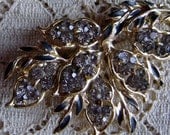 Vintage 1950s Mid Century Leaves Brooch Gold Smokey Rhinestone Pin