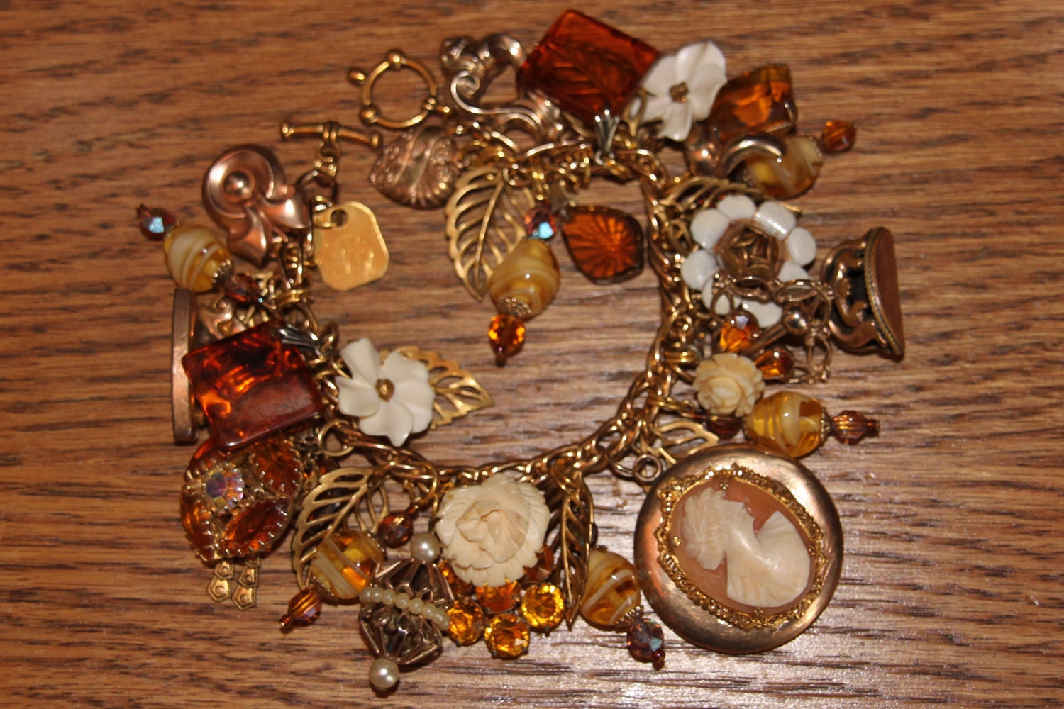 Altered Art Gold Charm Bracelet with Cameo Locket and Ivory Roses and Daisys