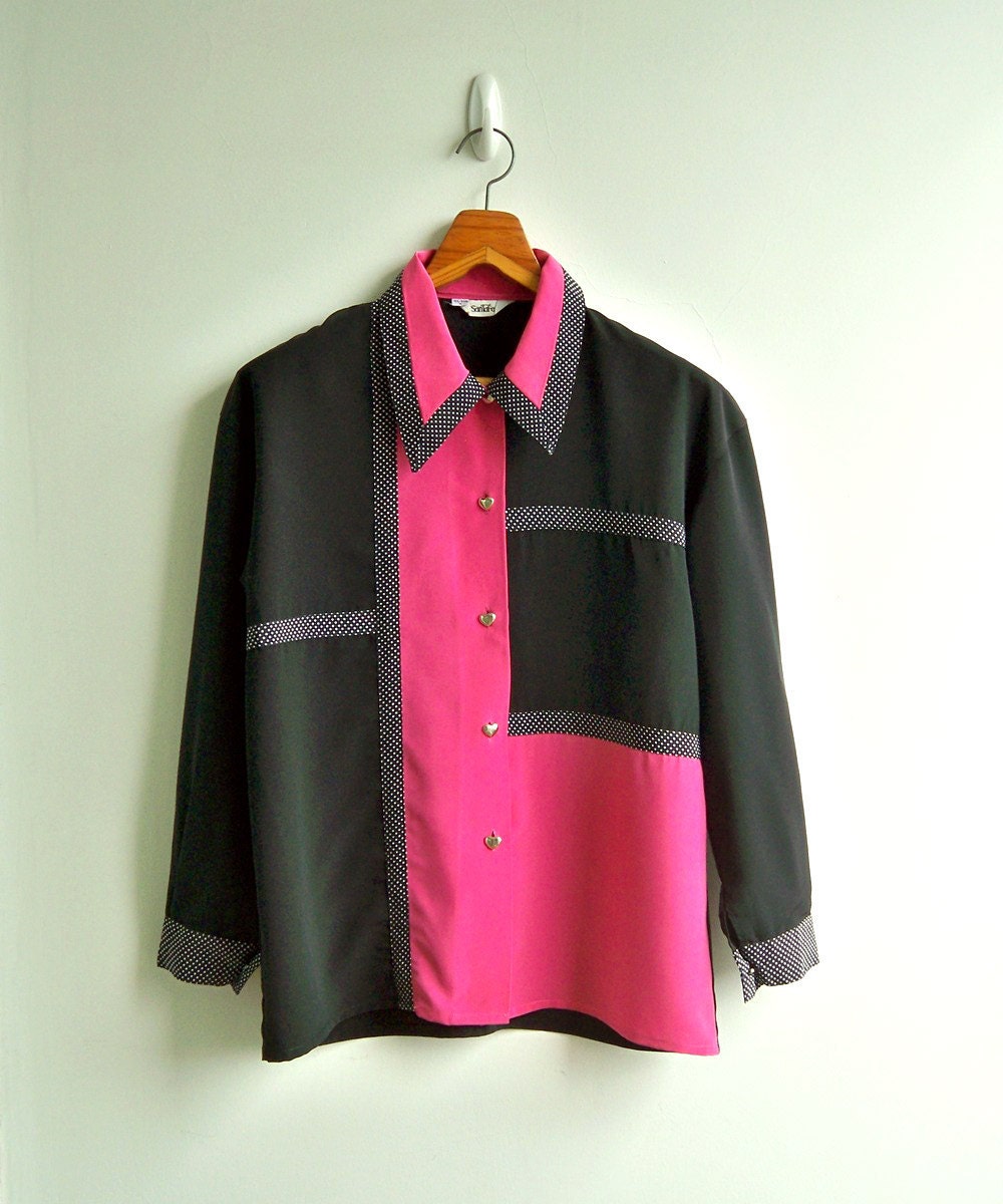 Vintage Black Hot Pink and Polka Dot Pattern Combine Shirt LARGE